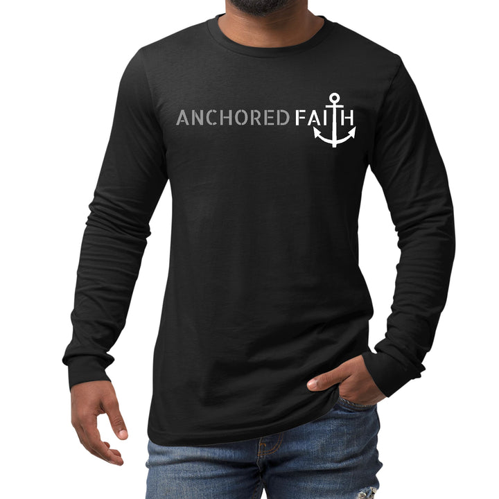 Mens Long Sleeve Graphic T-shirt Anchored Faith Grey and White Print - Unisex