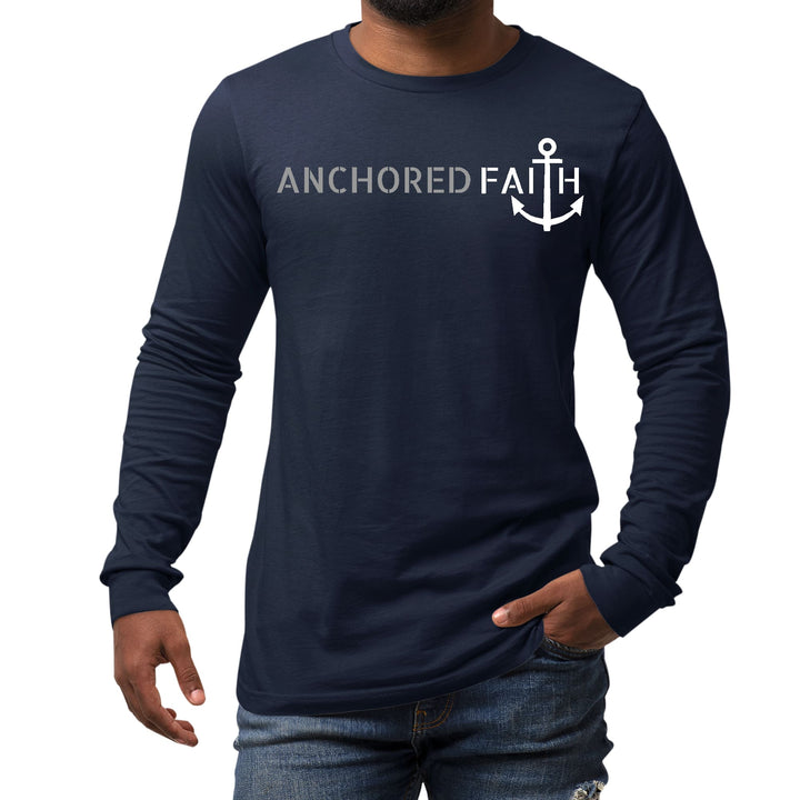 Mens Long Sleeve Graphic T-shirt Anchored Faith Grey and White Print - Unisex