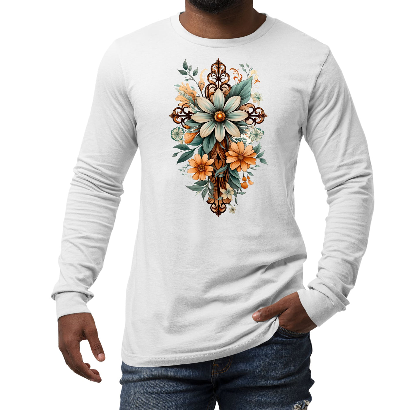 Mens Long Sleeve Graphic T-shirt Christian Cross Floral Bouquet - Unisex