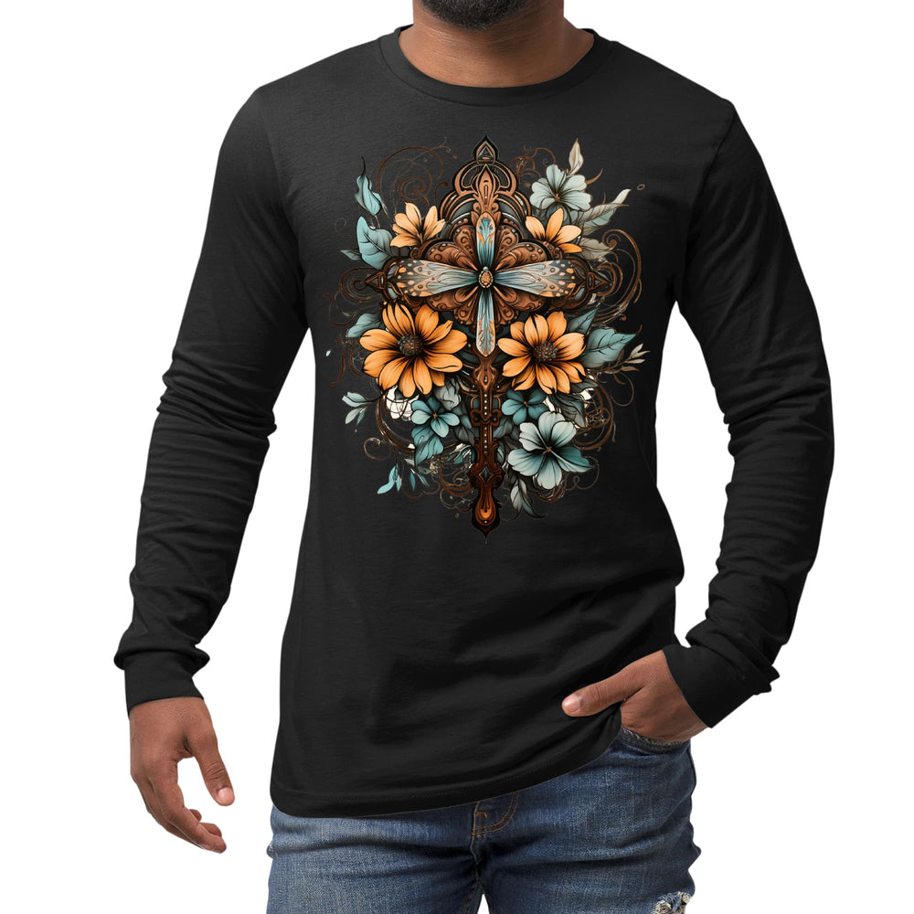 Mens Long Sleeve Graphic T-shirt Christian Cross Floral Bouquet - Unisex