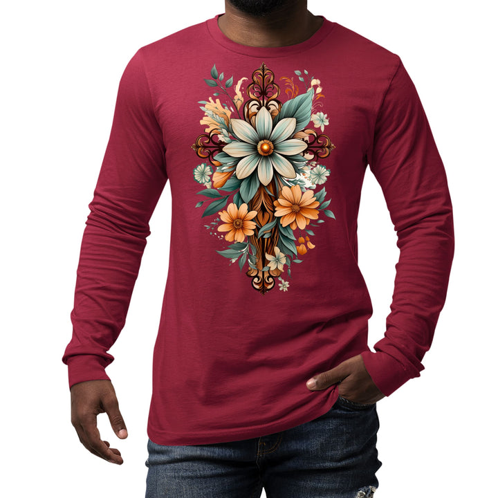 Mens Long Sleeve Graphic T-shirt Christian Cross Floral Bouquet - Unisex