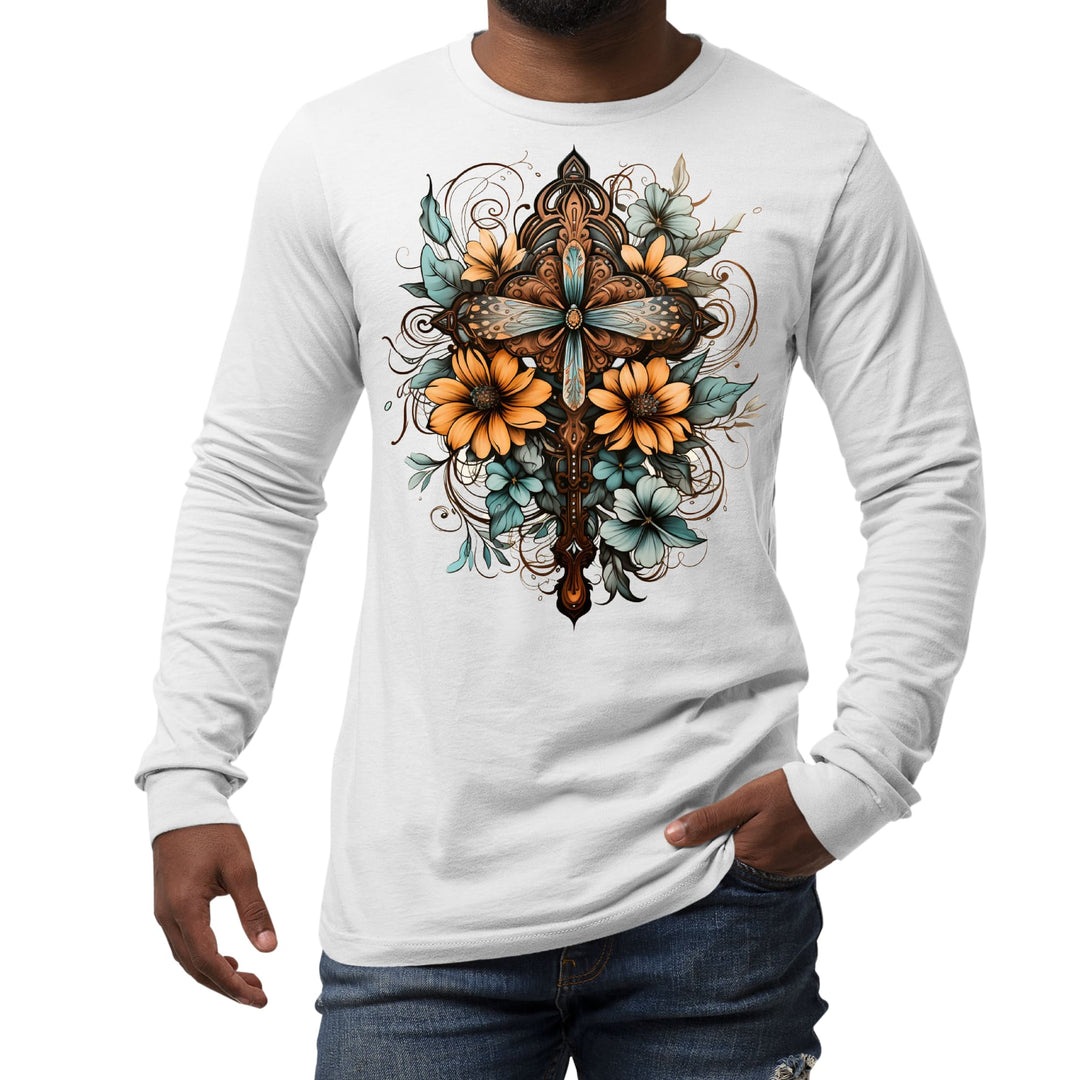 Mens Long Sleeve Graphic T-shirt Christian Cross Floral Bouquet - Unisex