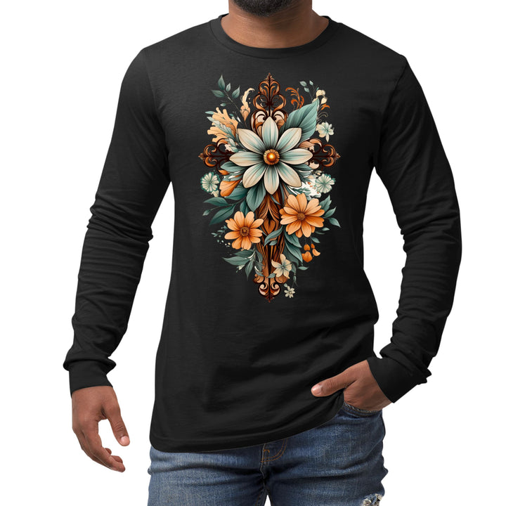 Mens Long Sleeve Graphic T-shirt Christian Cross Floral Bouquet - Unisex