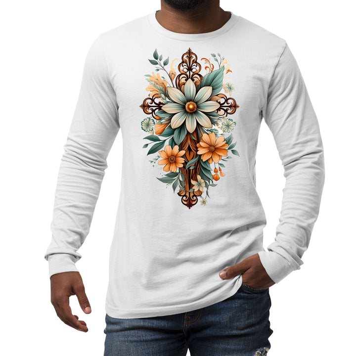 Mens Long Sleeve Graphic T-shirt Christian Cross Floral Bouquet - Unisex