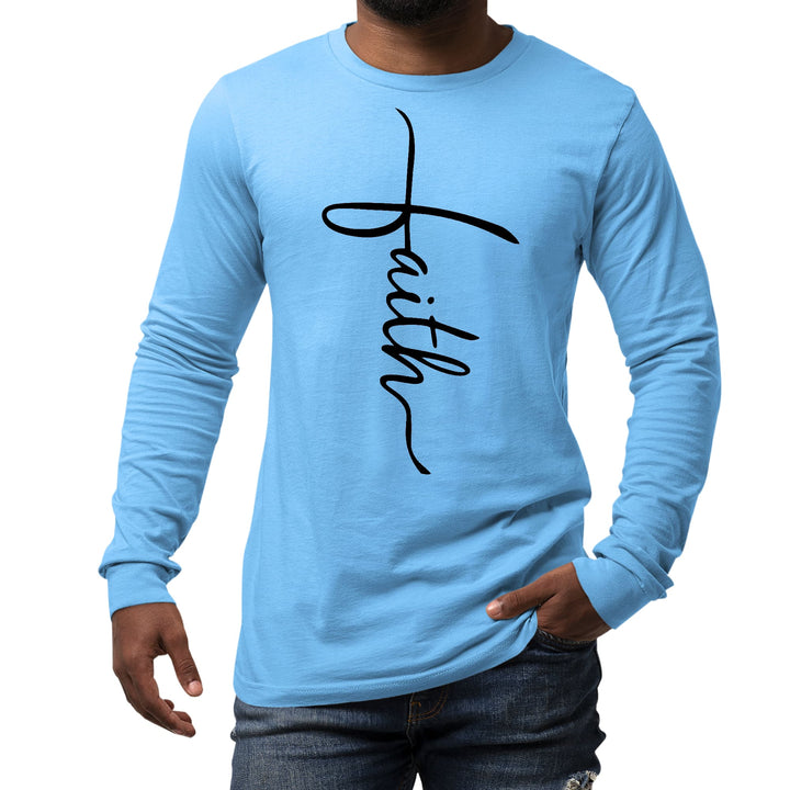 Mens Long Sleeve Graphic T-shirt Faith Script Cross Black Illustration - Unisex