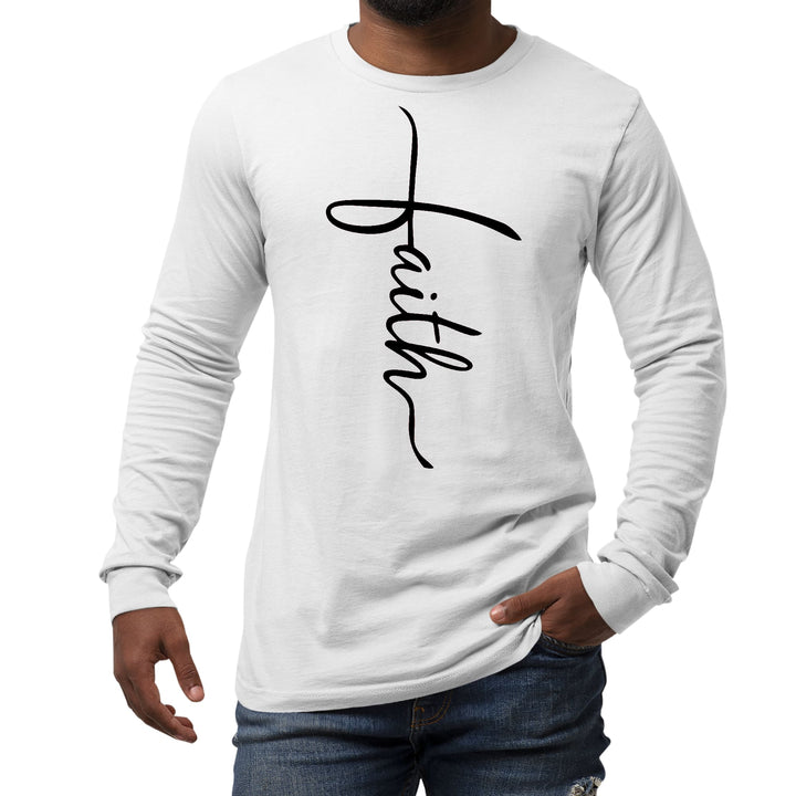 Mens Long Sleeve Graphic T-shirt Faith Script Cross Black Illustration - Unisex