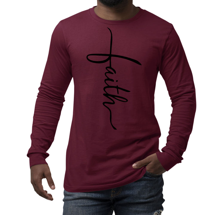 Mens Long Sleeve Graphic T-shirt Faith Script Cross Black Illustration - Unisex