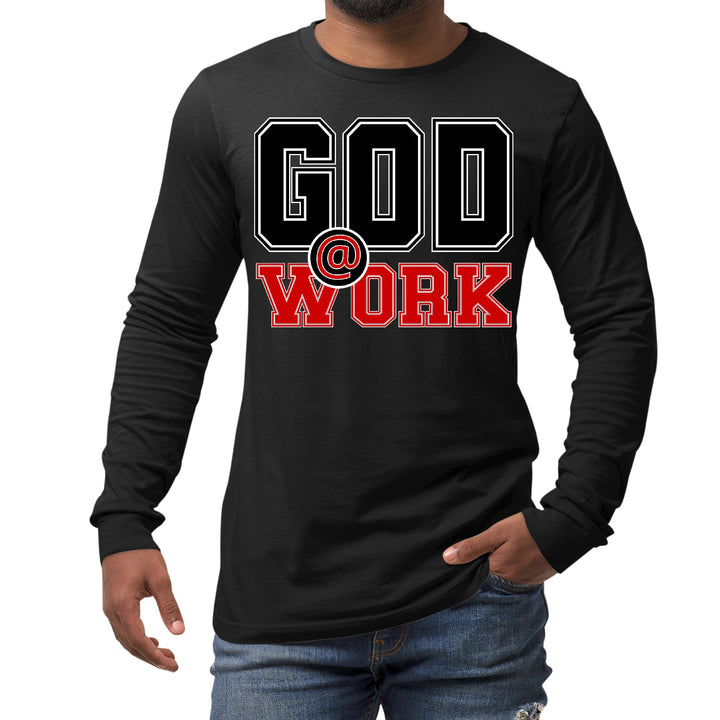 Mens Long Sleeve Graphic T-shirt God @ Work Black and Red Print - Unisex