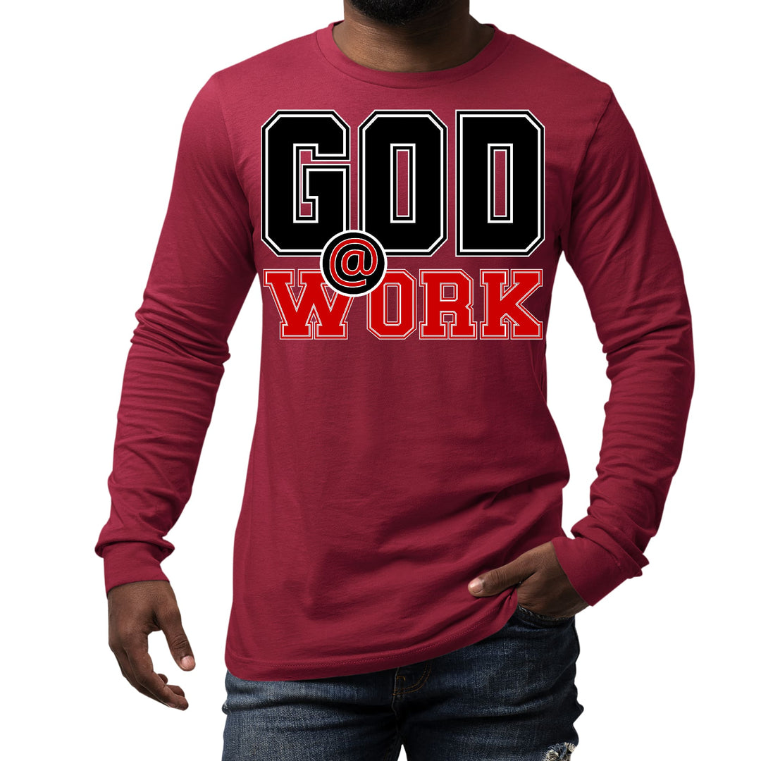 Mens Long Sleeve Graphic T-shirt God @ Work Black and Red Print - Unisex