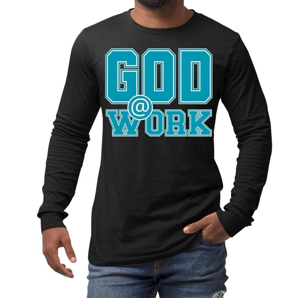 Mens Long Sleeve Graphic T-shirt God @ Work Blue Green and White - Unisex