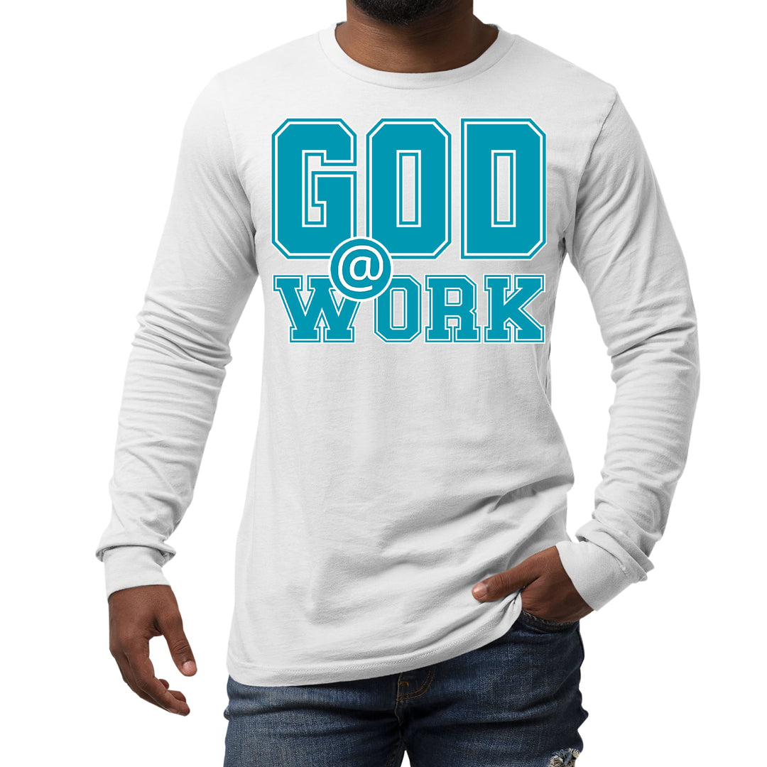 Mens Long Sleeve Graphic T-shirt God @ Work Blue Green and White - Unisex