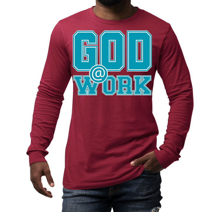 Mens Long Sleeve Graphic T-shirt God @ Work Blue Green and White - Unisex