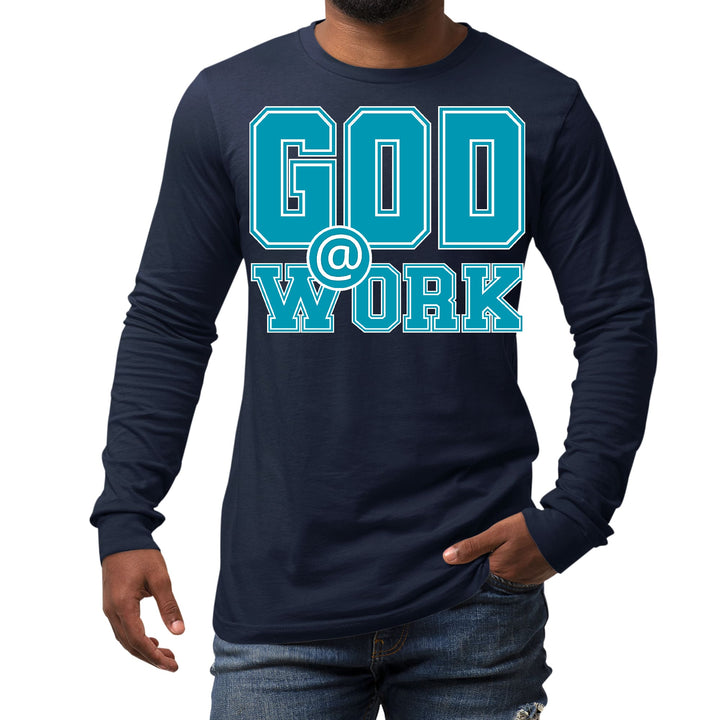 Mens Long Sleeve Graphic T-shirt God @ Work Blue Green and White - Unisex