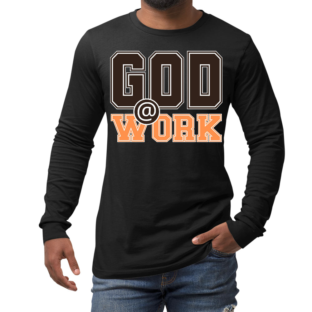 Mens Long Sleeve Graphic T-shirt God @ Work Brown and Orange Print - Unisex