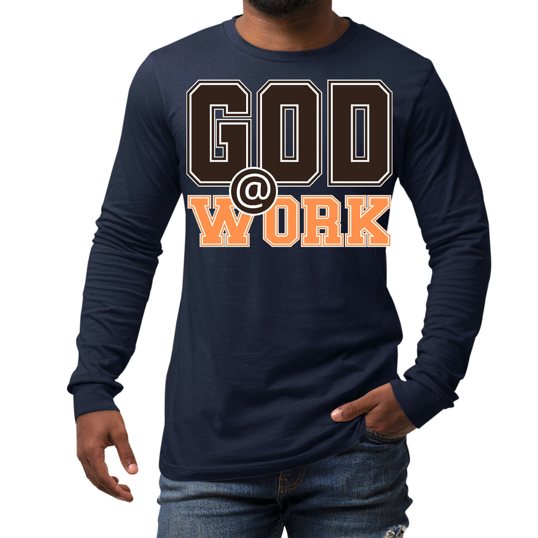 Mens Long Sleeve Graphic T-shirt God @ Work Brown and Orange Print - Unisex