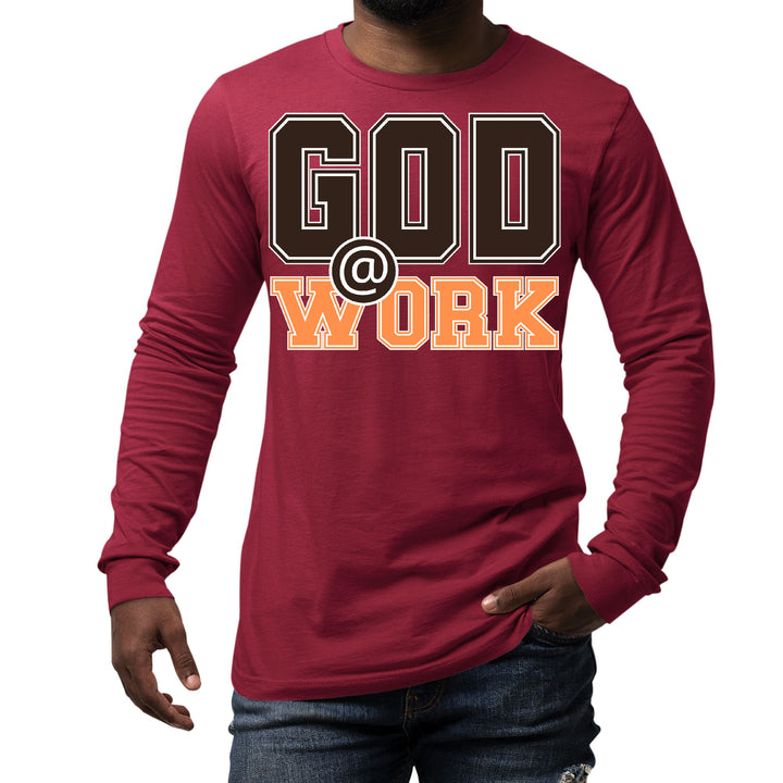 Mens Long Sleeve Graphic T-shirt God @ Work Brown and Orange Print - Unisex