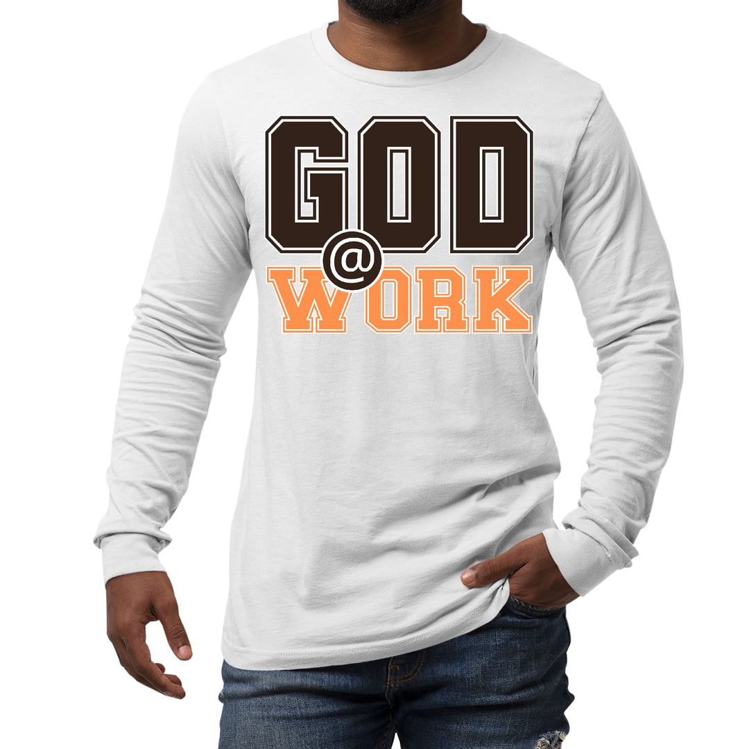 Mens Long Sleeve Graphic T-shirt God @ Work Brown and Orange Print - Unisex