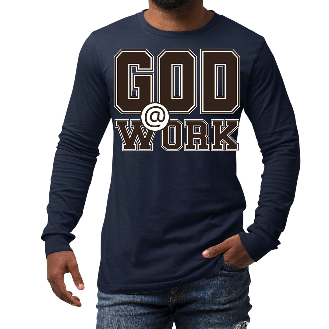 Mens Long Sleeve Graphic T-shirt God @ Work Brown and White Print - Unisex