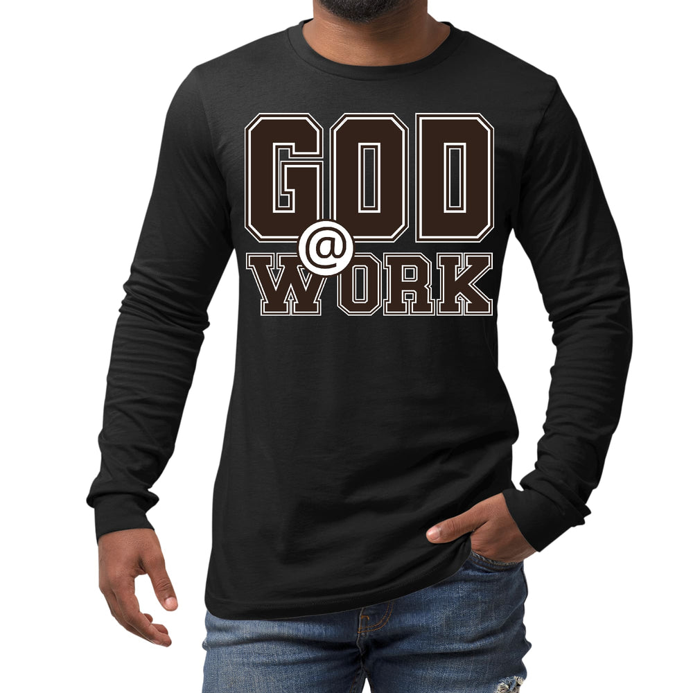 Mens Long Sleeve Graphic T-shirt God @ Work Brown and White Print - Unisex