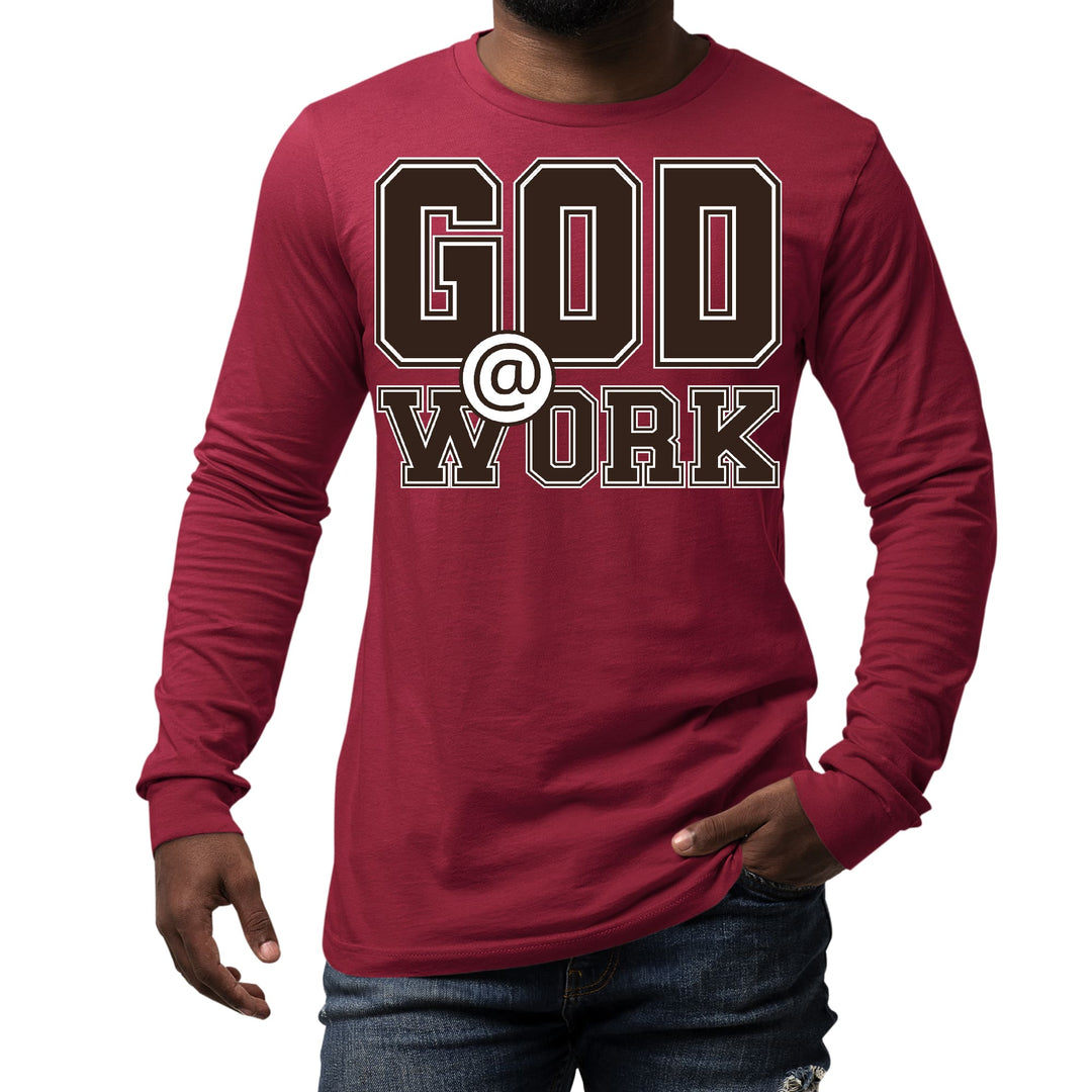 Mens Long Sleeve Graphic T-shirt God @ Work Brown and White Print - Unisex