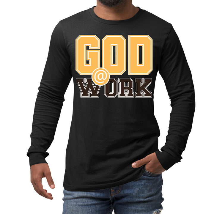 Mens Long Sleeve Graphic T-shirt God @ Work Golden Yellow and Brown - Unisex