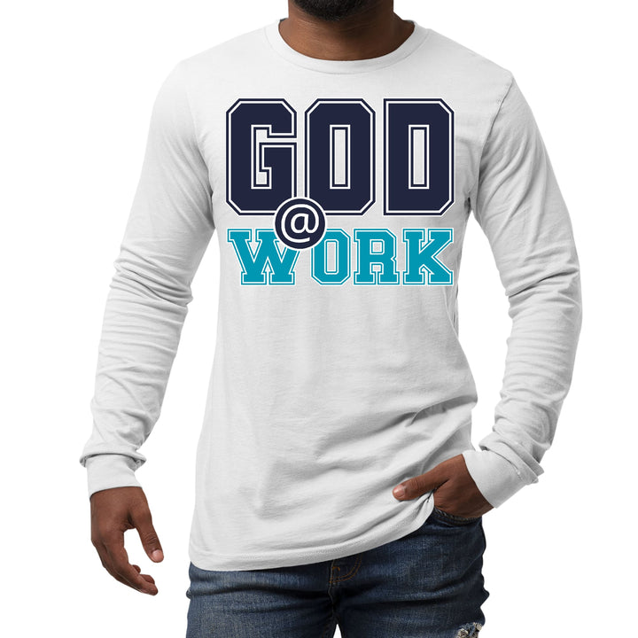 Mens Long Sleeve Graphic T-shirt God @ Work Navy Blue and Blue Green - Unisex