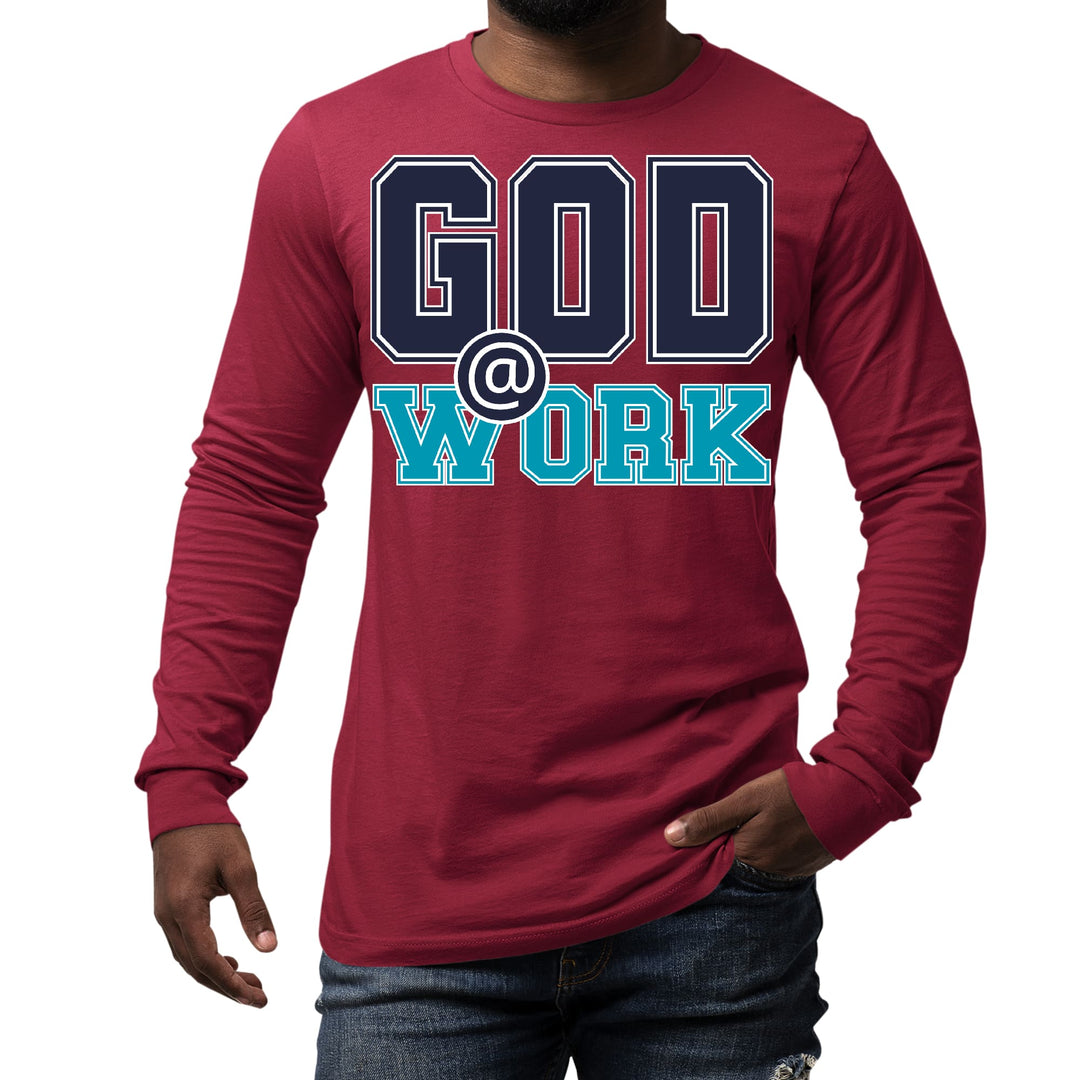 Mens Long Sleeve Graphic T-shirt God @ Work Navy Blue and Blue Green - Unisex