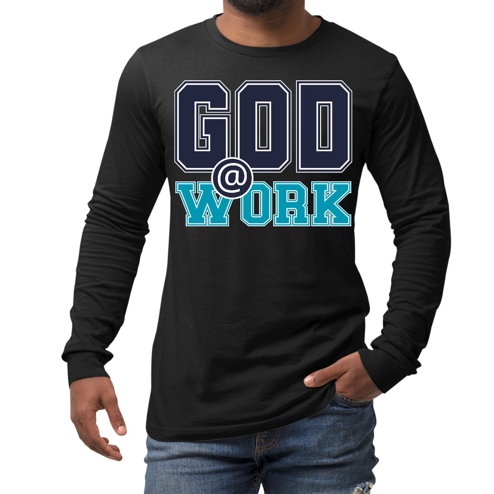 Mens Long Sleeve Graphic T-shirt God @ Work Navy Blue and Blue Green - Unisex