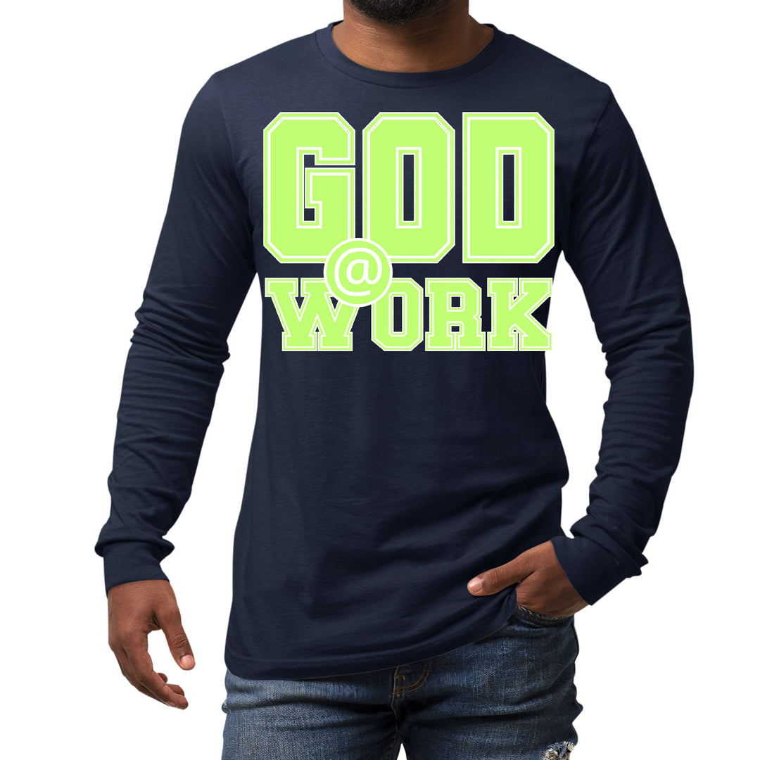 Mens Long Sleeve Graphic T-shirt God @ Work Neon Green and White - Unisex