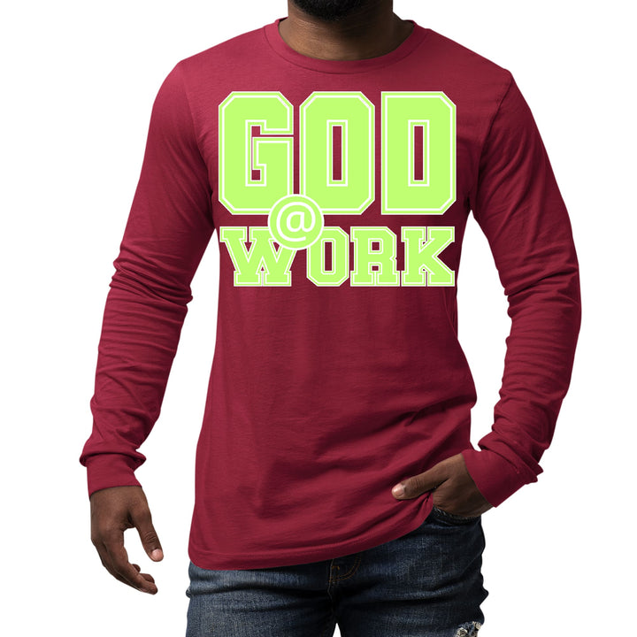 Mens Long Sleeve Graphic T-shirt God @ Work Neon Green and White - Unisex