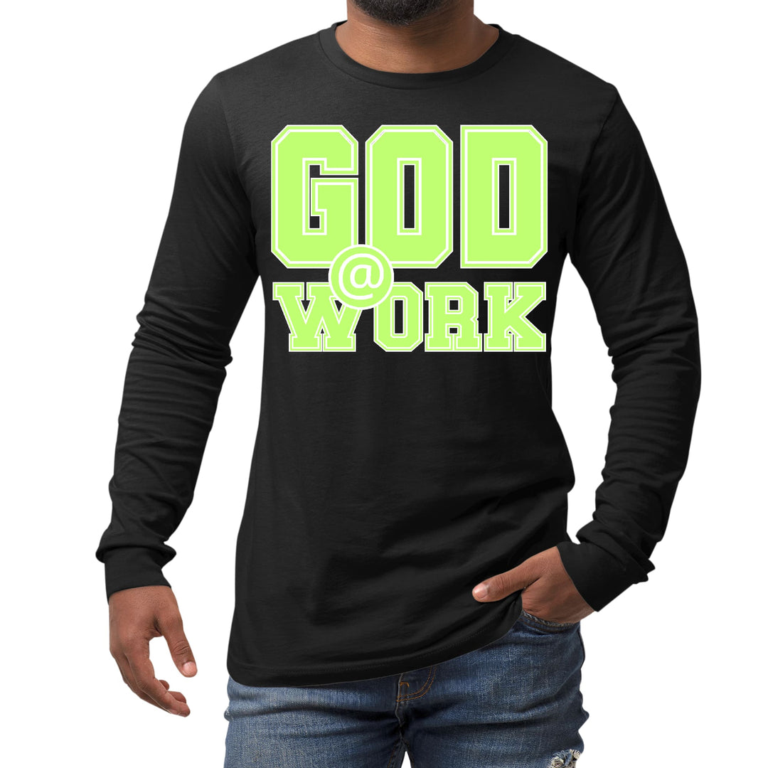 Mens Long Sleeve Graphic T-shirt God @ Work Neon Green and White - Unisex