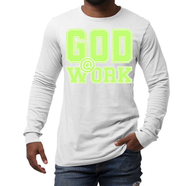 Mens Long Sleeve Graphic T-shirt God @ Work Neon Green and White - Unisex