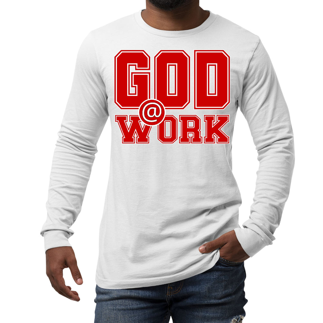 Mens Long Sleeve Graphic T-shirt God @ Work Red and White Print - Unisex