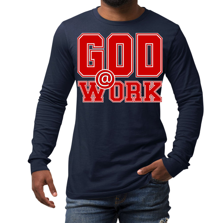 Mens Long Sleeve Graphic T-shirt God @ Work Red and White Print - Unisex