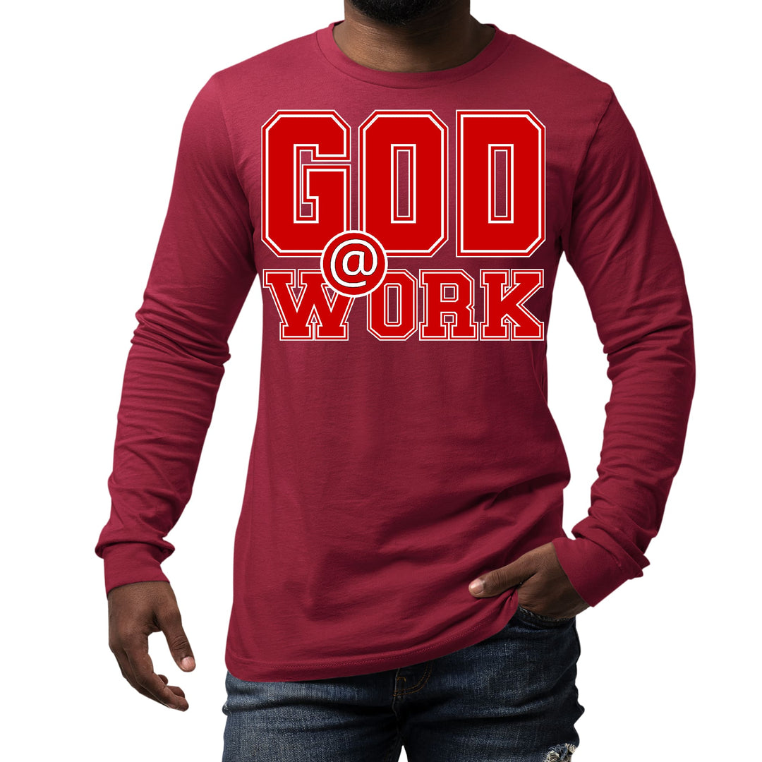 Mens Long Sleeve Graphic T-shirt God @ Work Red and White Print - Unisex