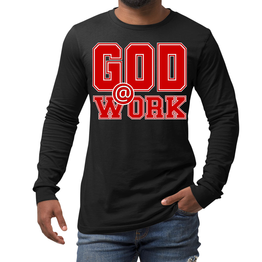 Mens Long Sleeve Graphic T-shirt God @ Work Red and White Print - Unisex