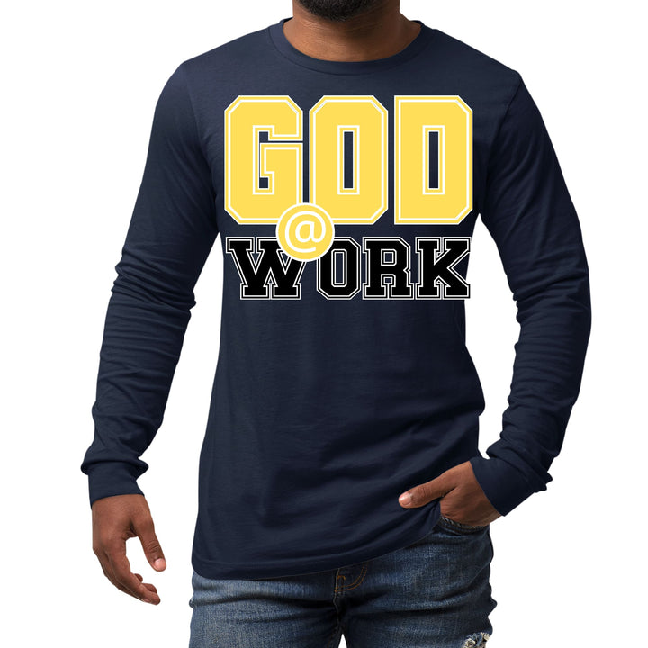 Mens Long Sleeve Graphic T-shirt God @ Work Yellow and Black Print - Unisex