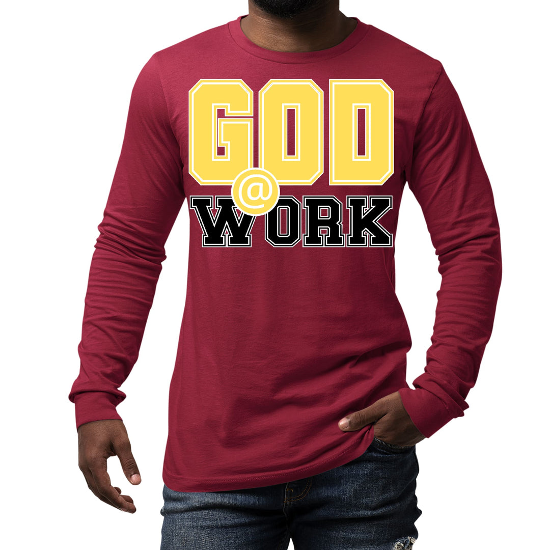 Mens Long Sleeve Graphic T-shirt God @ Work Yellow and Black Print - Unisex