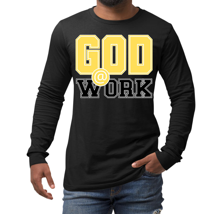 Mens Long Sleeve Graphic T-shirt God @ Work Yellow and Black Print - Unisex