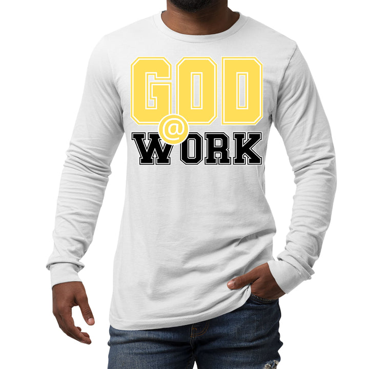 Mens Long Sleeve Graphic T-shirt God @ Work Yellow and Black Print - Unisex