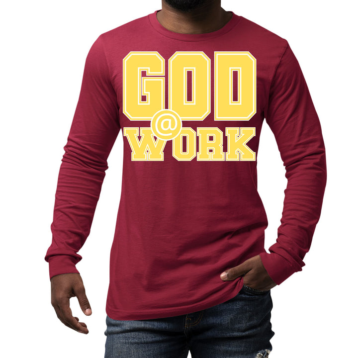 Mens Long Sleeve Graphic T-shirt God @ Work Yellow and White Print - Unisex