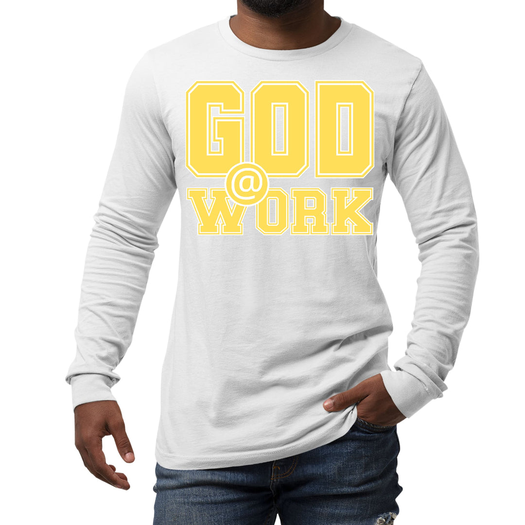 Mens Long Sleeve Graphic T-shirt God @ Work Yellow and White Print - Unisex