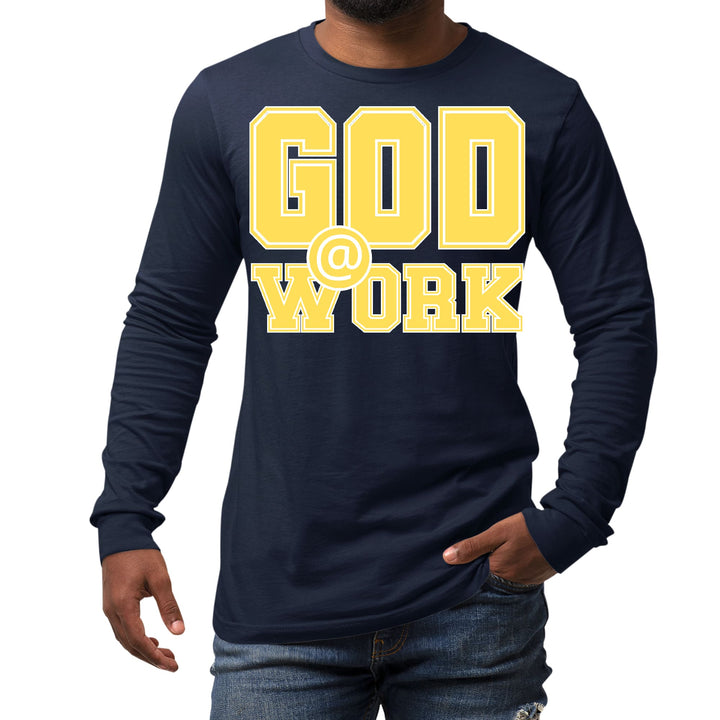 Mens Long Sleeve Graphic T-shirt God @ Work Yellow and White Print - Unisex