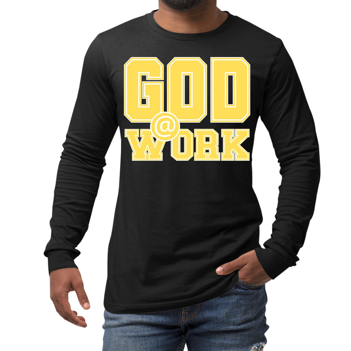 Mens Long Sleeve Graphic T-shirt God @ Work Yellow and White Print - Unisex