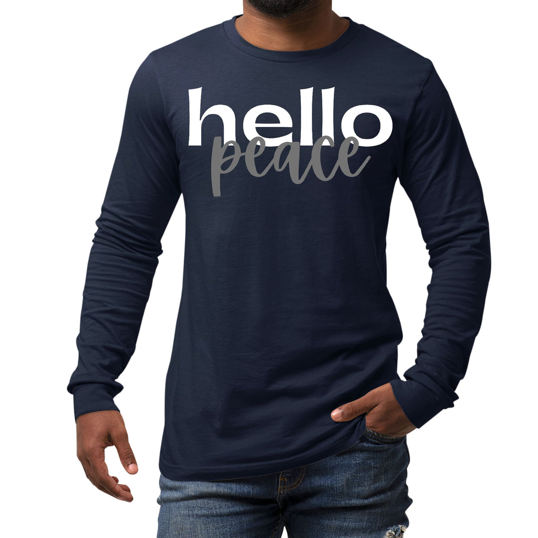 Mens Long Sleeve Graphic T-shirt Hello Peace White and Gray - Unisex | T-Shirts