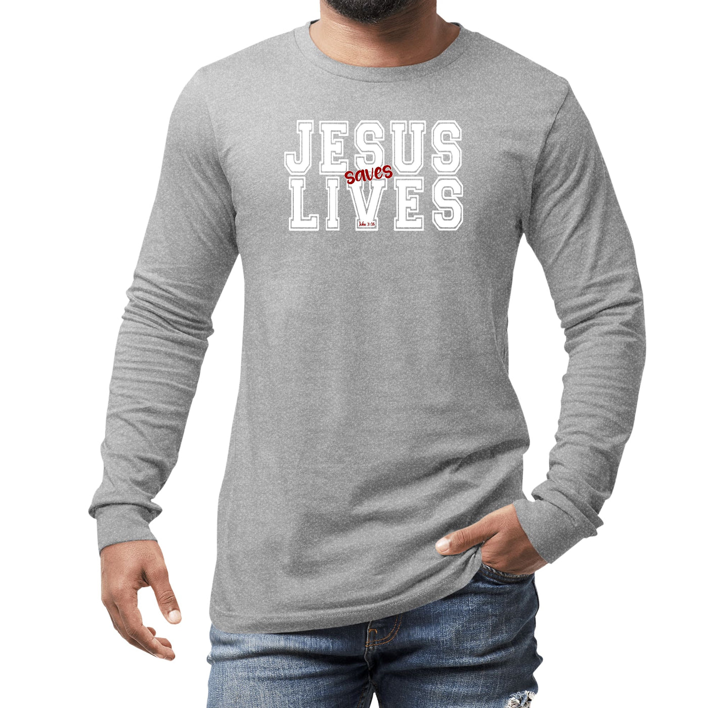 Mens Long Sleeve Graphic T-shirt Jesus Saves Lives White Red - Unisex