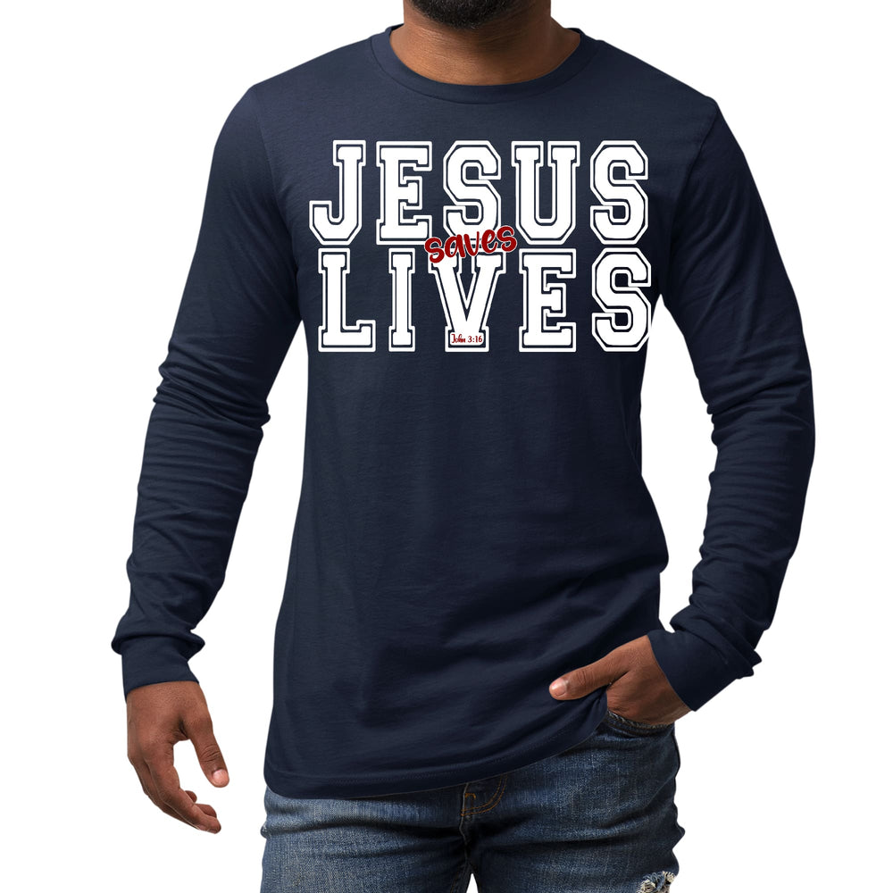 Mens Long Sleeve Graphic T-shirt Jesus Saves Lives White Red - Unisex