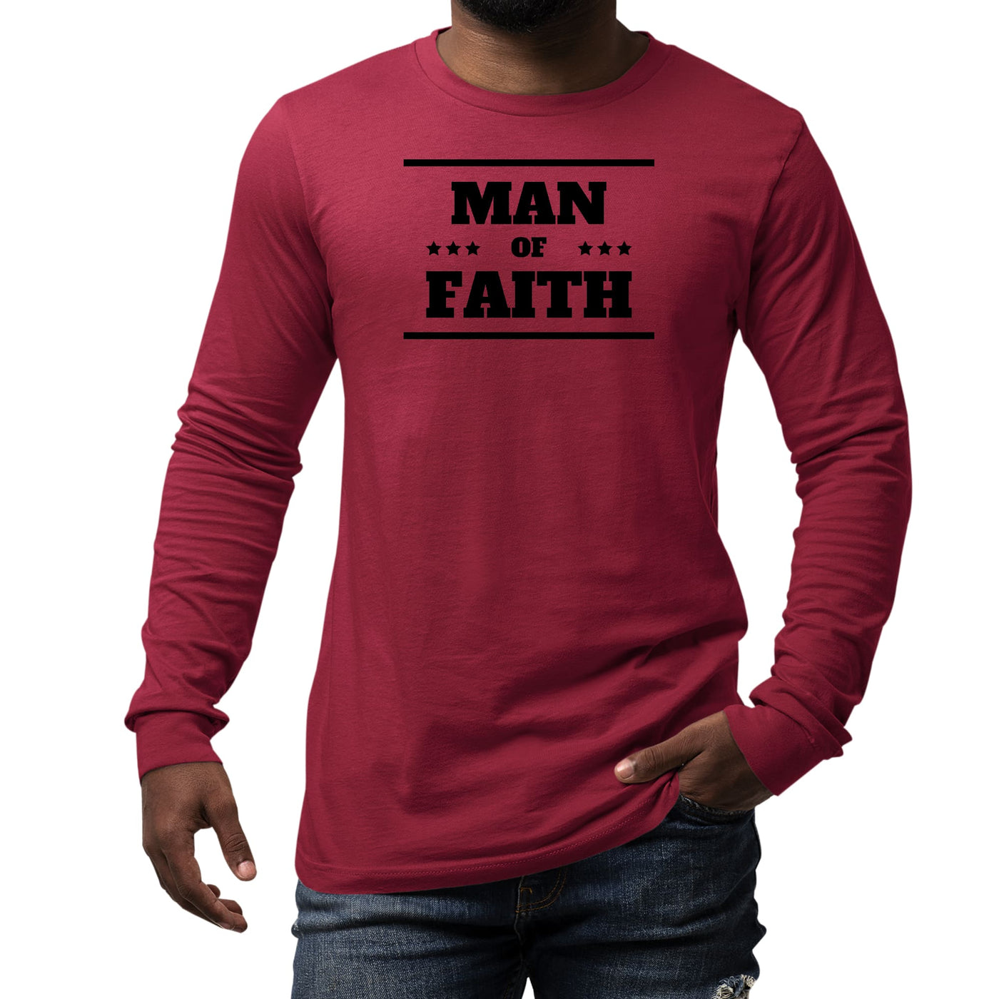 Mens Long Sleeve Graphic T-shirt Man Of Faith Black Illustration - Unisex