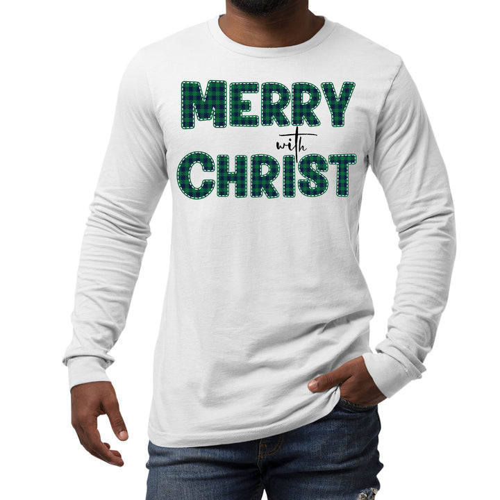 Mens Long Sleeve Graphic T-shirt Merry with Christ Green Plaid - Unisex