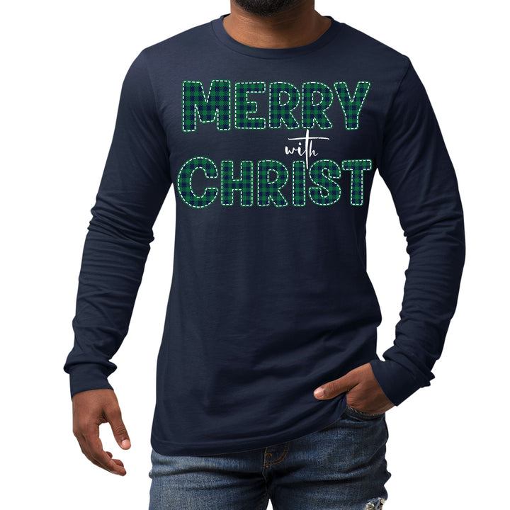 Mens Long Sleeve Graphic T-shirt Merry with Christ Green Plaid - Unisex